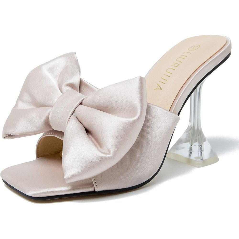 Women's Bow High Heels Mules Dress Sandals Slip On Party Wedding Bridal Nude